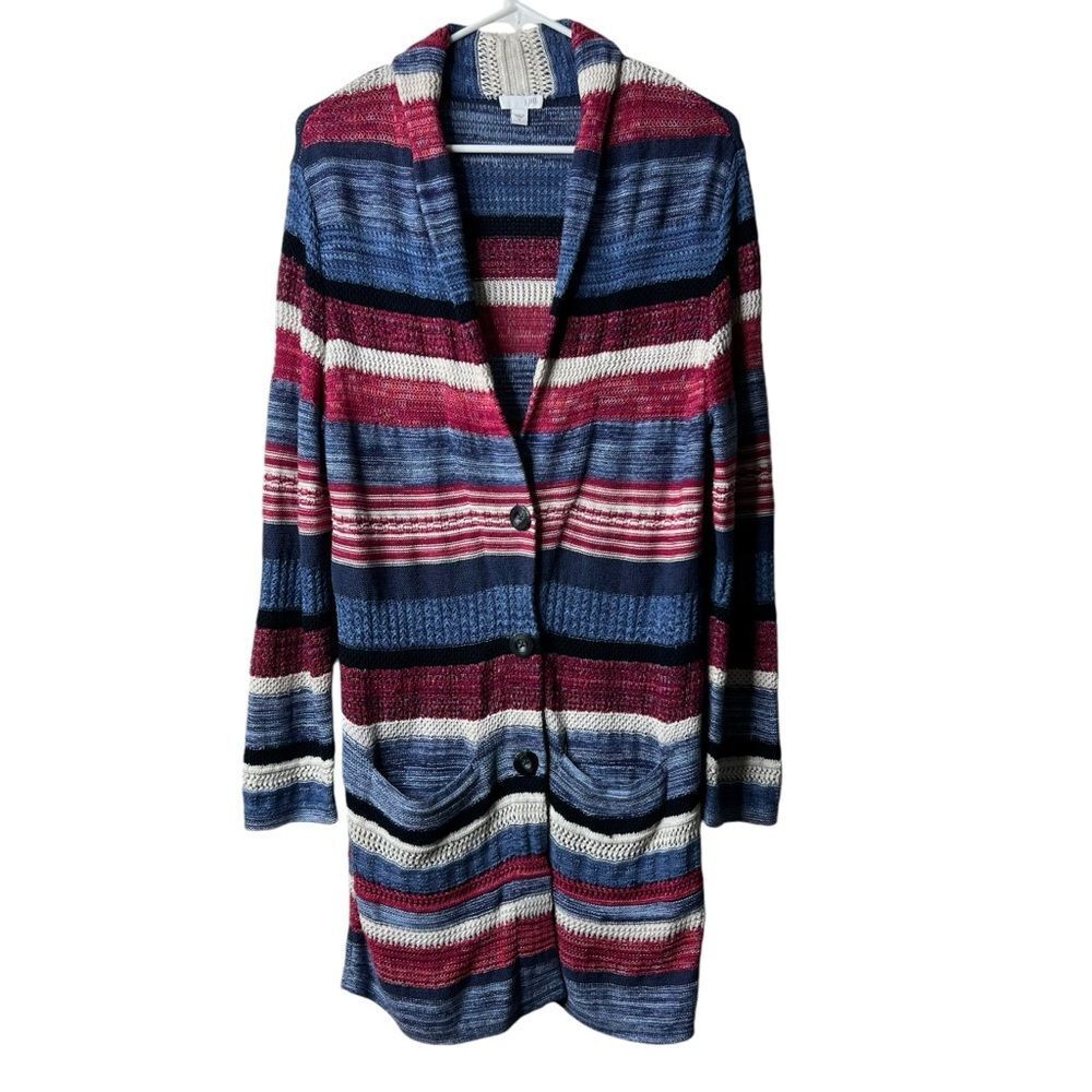 J Jill Blue Striped Button Collar Long Duster Cardigan Sweater Chunky